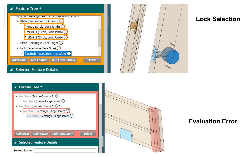 A jamb lock plate with a validation error, and a Feature with an evaluation error, highlighted in the tree and the preview
