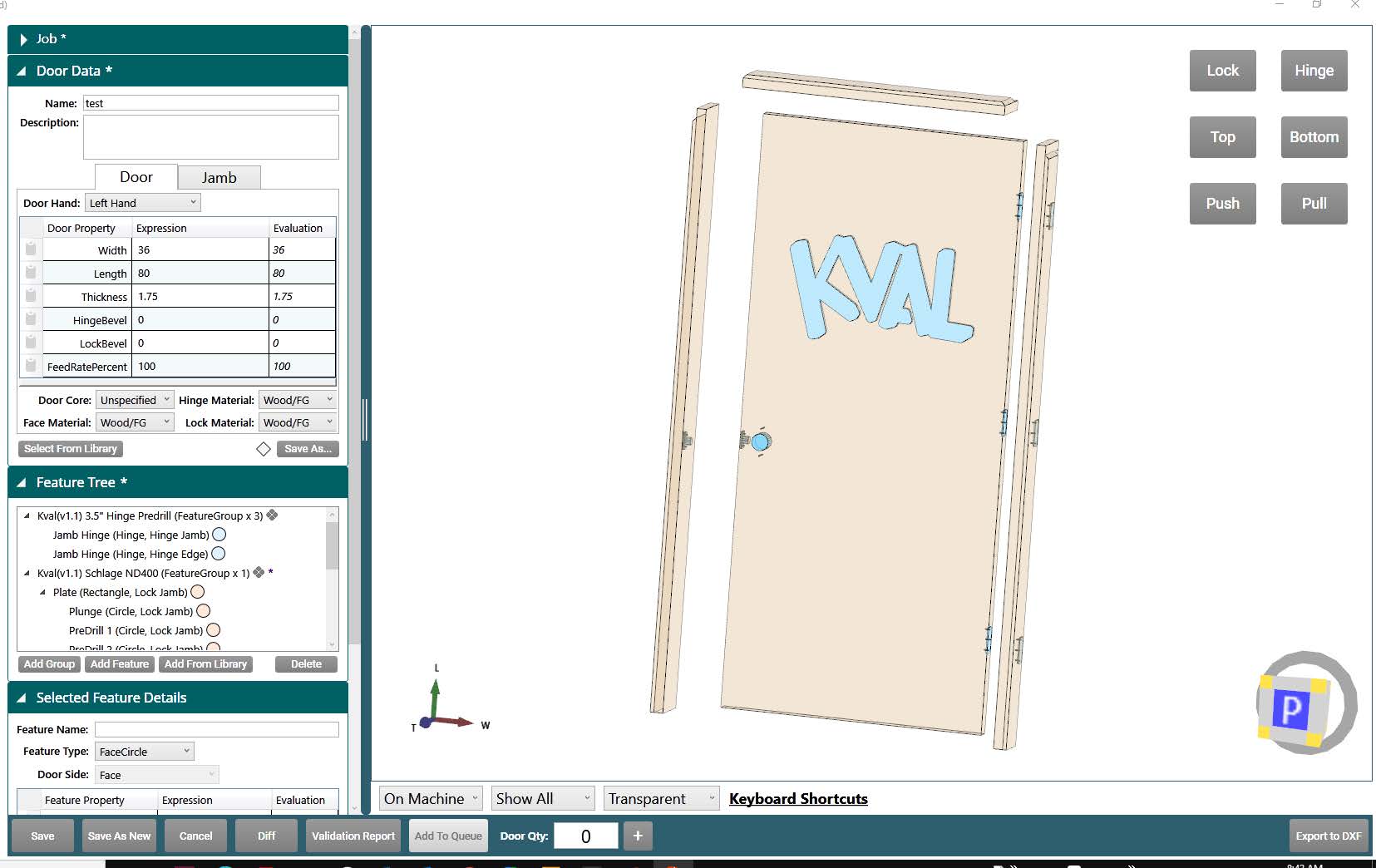Door Job screen with the Job, Door Data, Feature Tree, and Selected Feature Details panels on the left and the Job Preview on the right