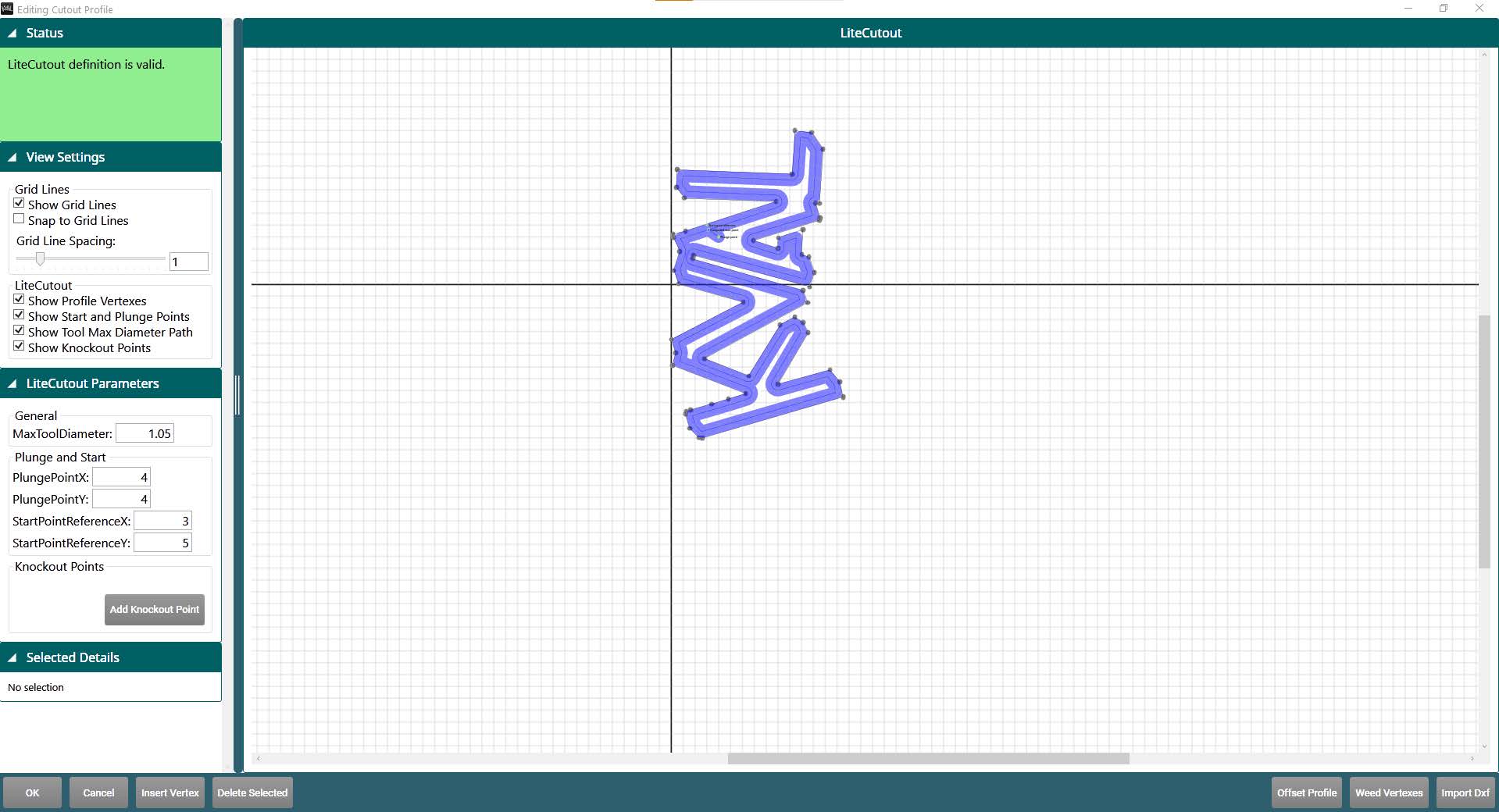 Profile Editor for a LiteCutout: the control panels (1), work area (2), and task bar (3)