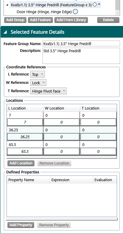 Selected Feature Details for a hinge Feature Group cut at three locations