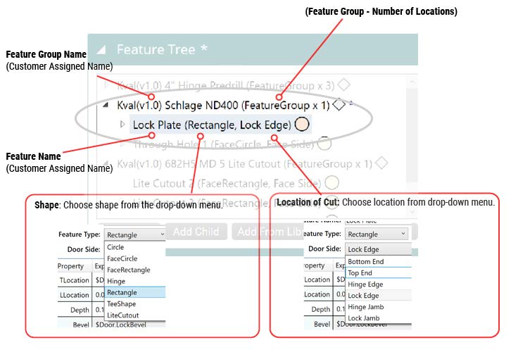 Feature Tree with a Feature Group and its Features, and the Feature Type and Door Side menus