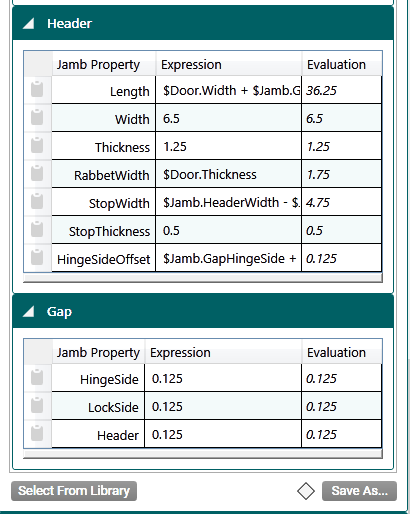 Header and Gap jamb property tables