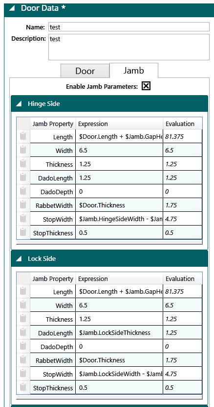 Hinge Side and Lock Side jamb property tables