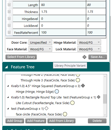 Door Data and Feature Tree showing Library Principle Variants