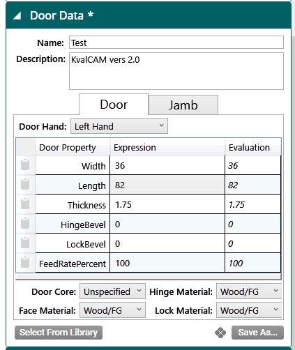 Door Data panel with the Door tab selected
