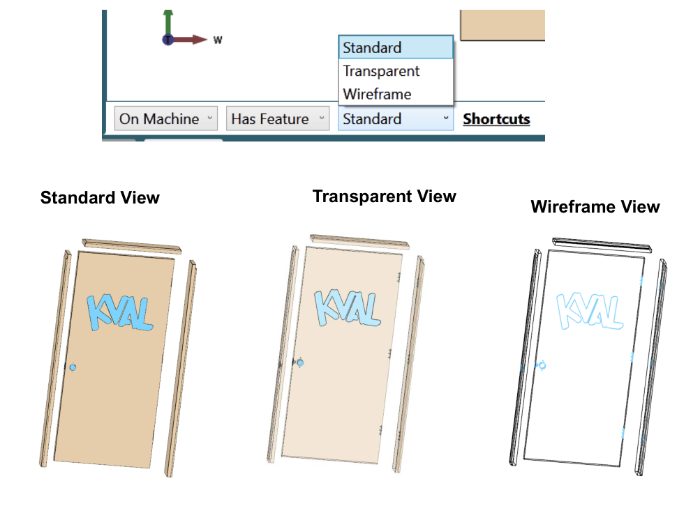 Standard, Transparent, and Wireframe views