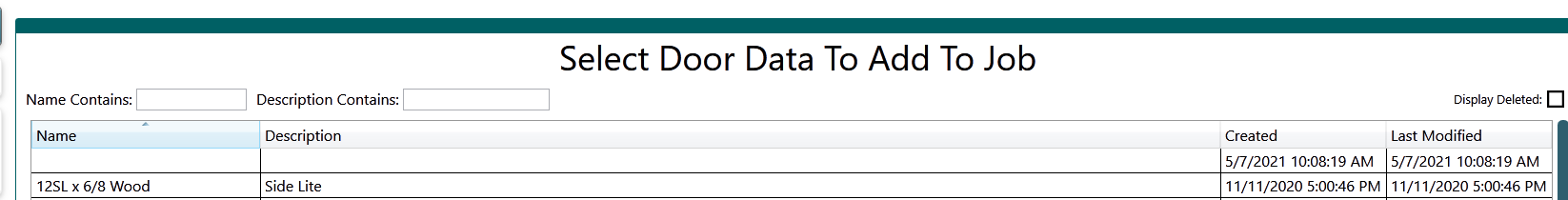 The Select Door Data To Add To Job screen opened from the Select From Library button