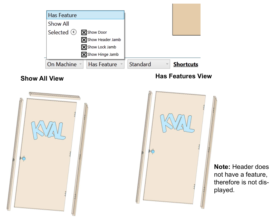Has Feature hides the header, which has no Features; Show All shows every part