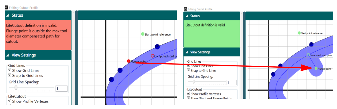 Status panel showing an invalid plunge point, then a valid shape after moving it