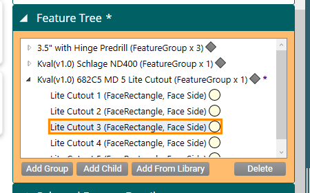 A Feature that failed validation, outlined in orange in the Feature Tree