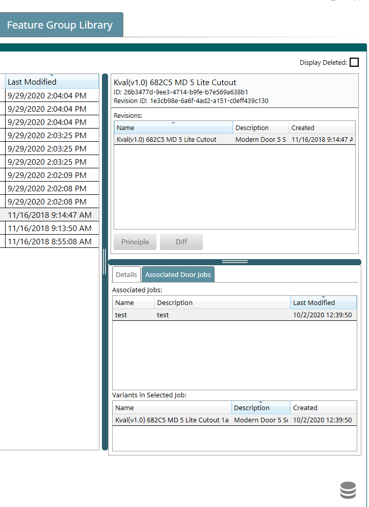 Feature Group Library listing a variant of a Lite Cutout Feature Group used by a test Door Job